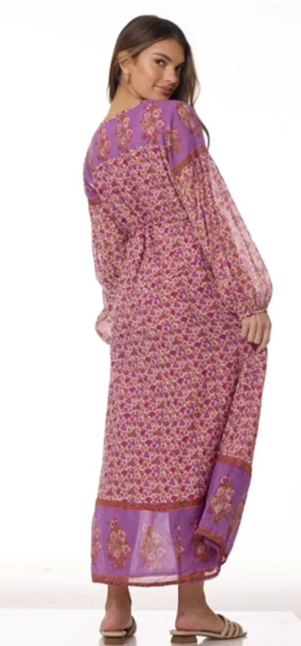 Naomi Printed Maxi Wrap Dress Long Sleeves Pink