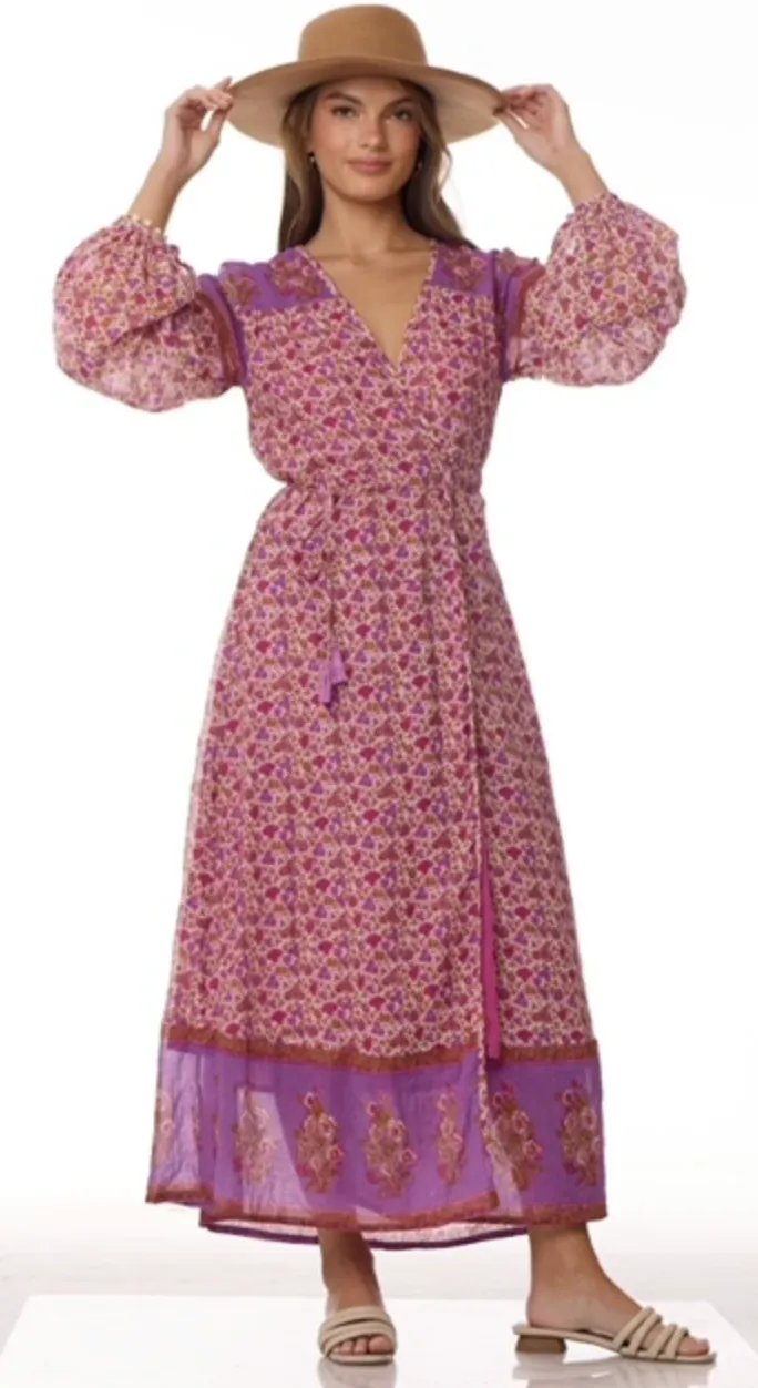 Naomi Printed Maxi Wrap Dress Long Sleeves Pink