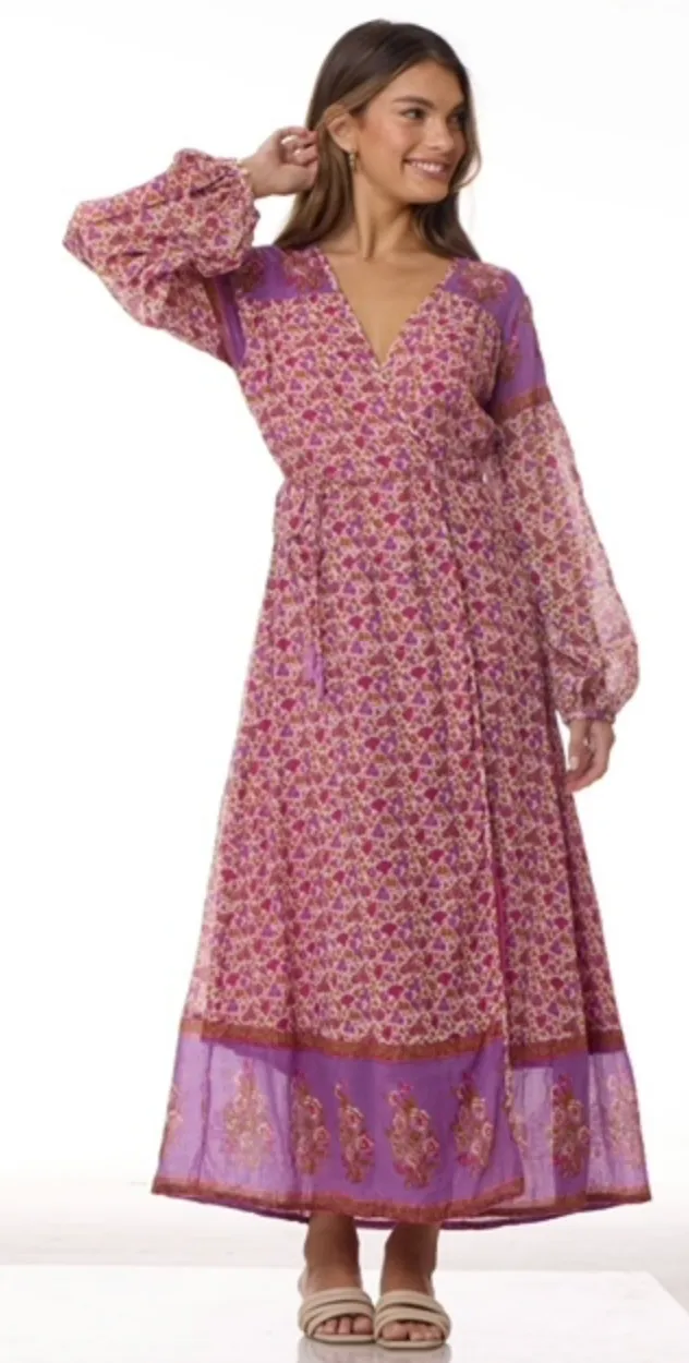 Naomi Printed Maxi Wrap Dress Long Sleeves Pink