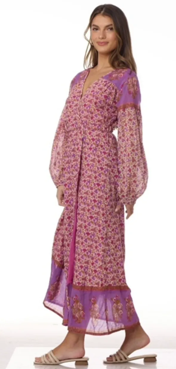 Naomi Printed Maxi Wrap Dress Long Sleeves Pink