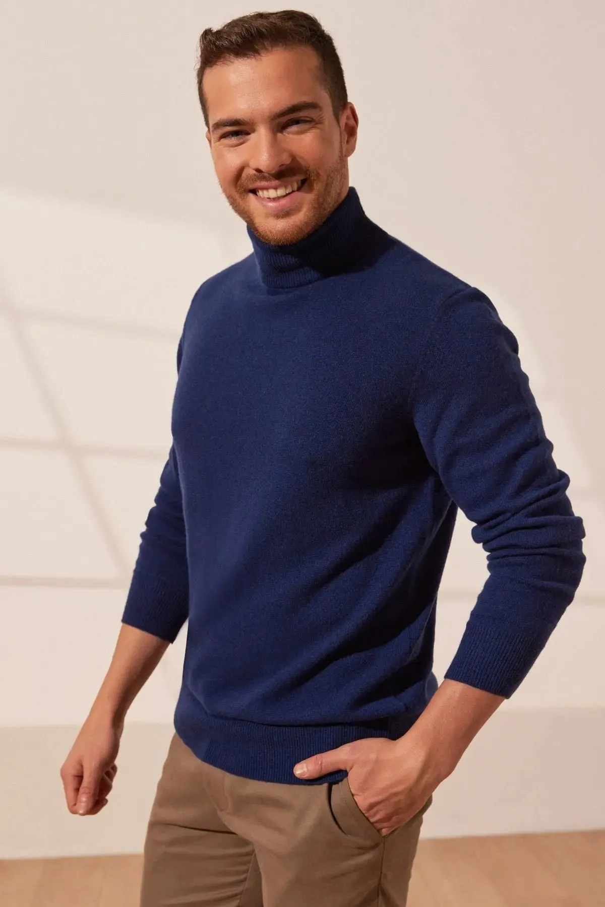 Navy Blue Pure Cashmere Turtleneck Men's Sweater