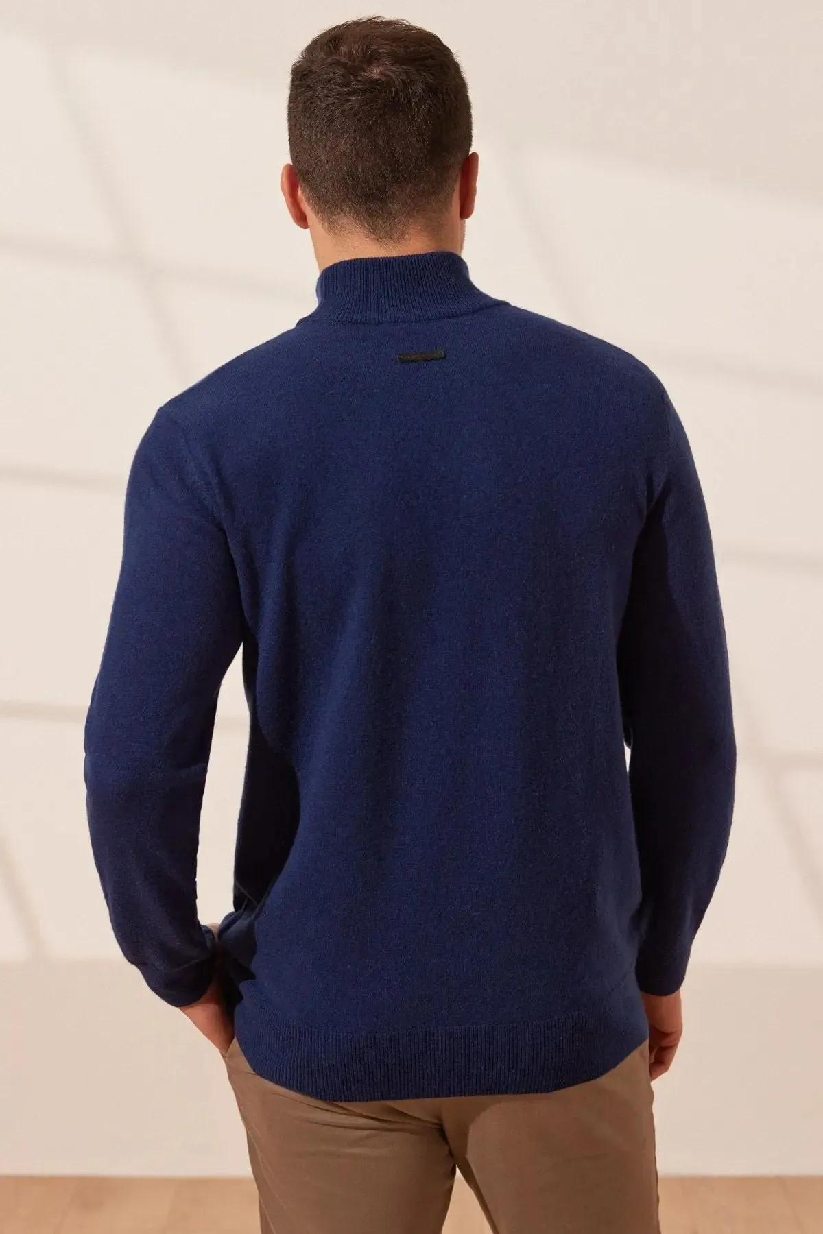 Navy Blue Pure Cashmere Turtleneck Men's Sweater