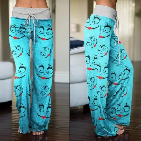 Nightmare Blue Face Pattern Pajama Pants Print Drawstring Palazzo Lounge