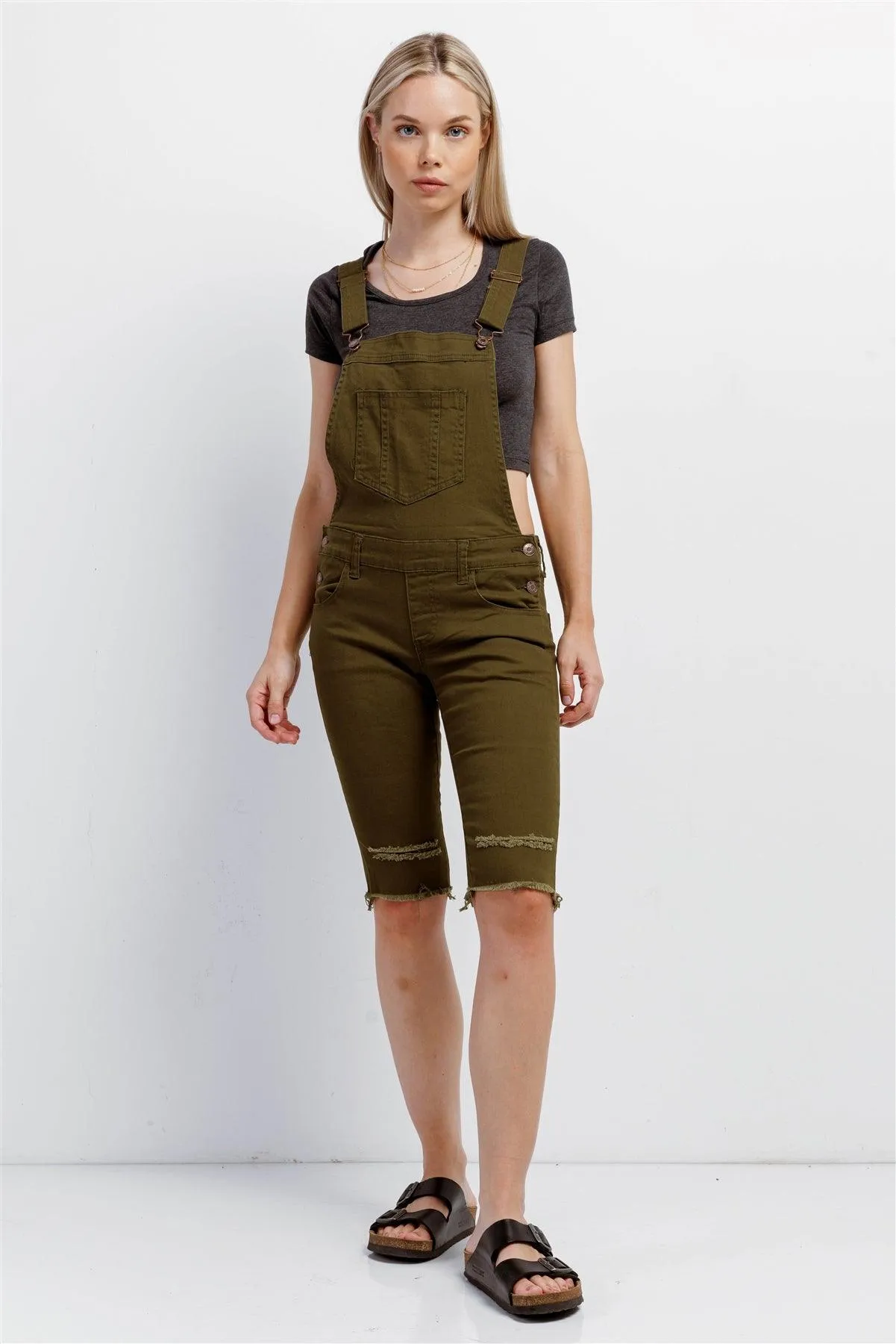 Olive Denim Distressed Detail Raw Hem Cropped Bermuda Overall /3-3-1