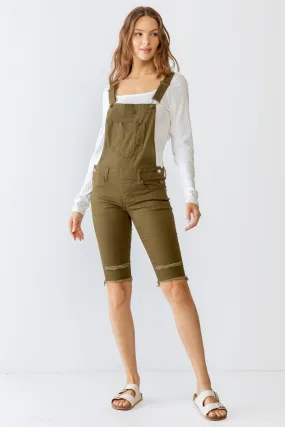 Olive Denim Distressed Detail Raw Hem Cropped Bermuda Overall /3-3-1