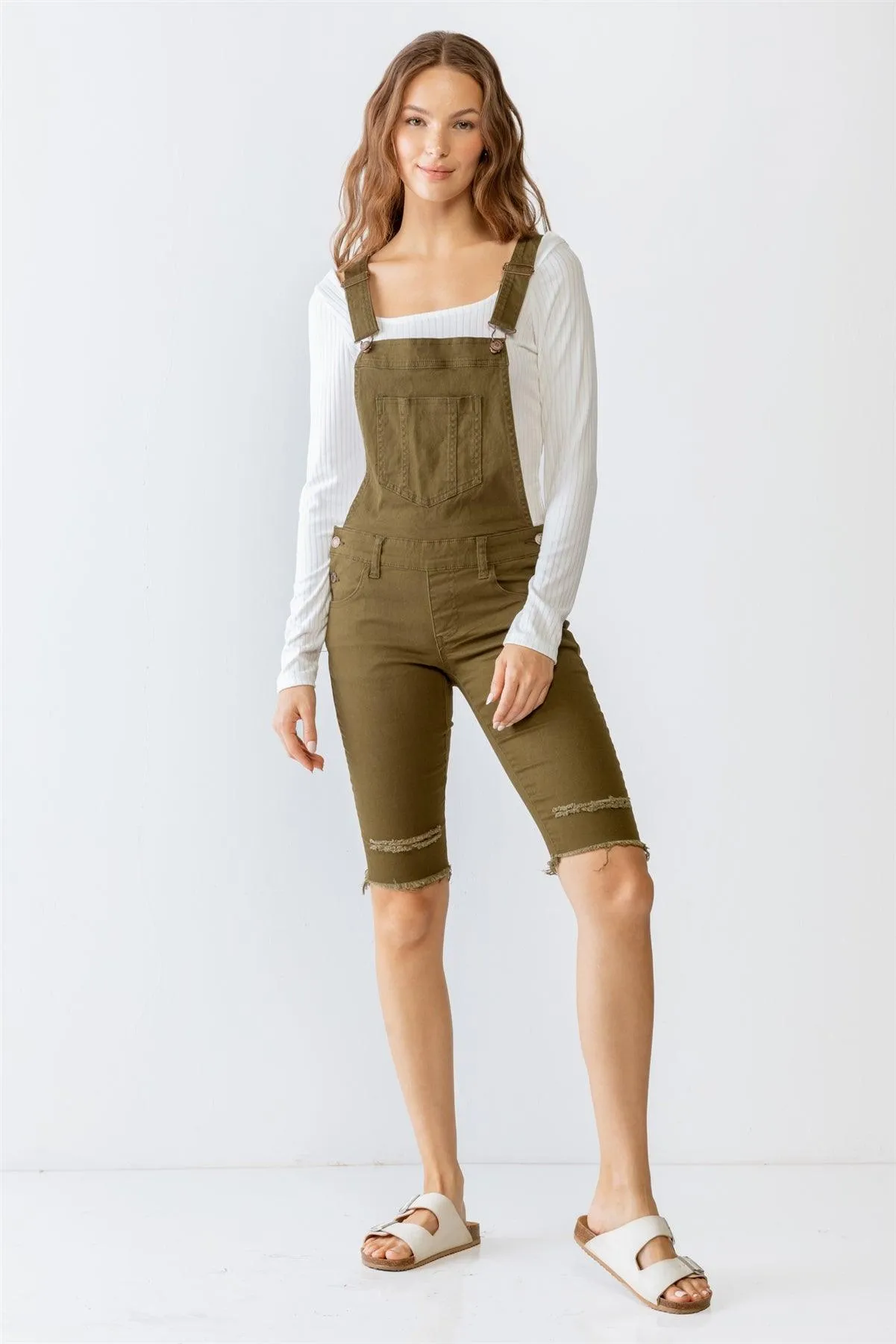 Olive Denim Distressed Detail Raw Hem Cropped Bermuda Overall /3-3-1