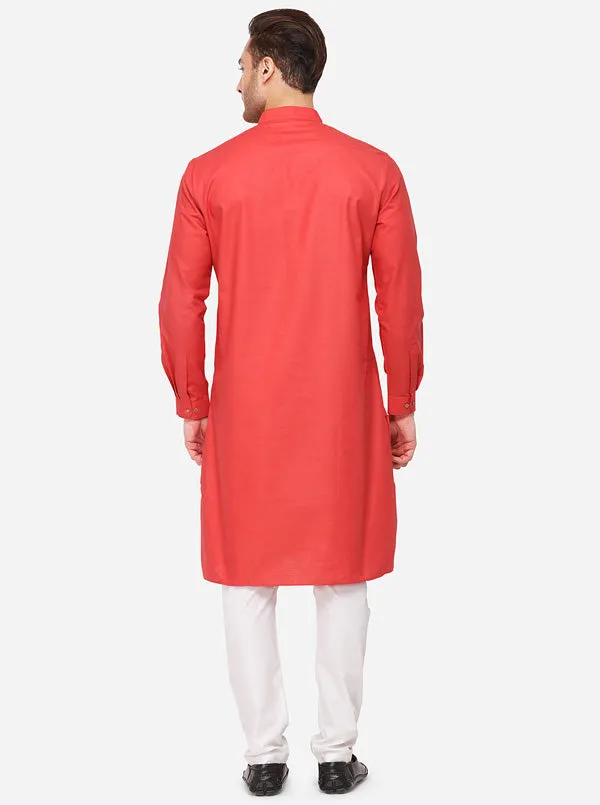 Paprika Red Self Textured Regular Fit Modi Kurta | JadeBlue