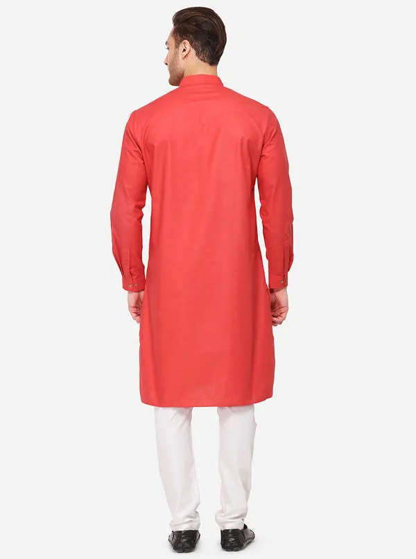 Paprika Red Self Textured Regular Fit Modi Kurta | JadeBlue