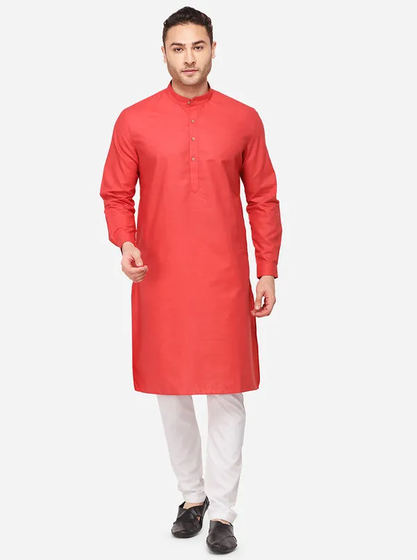 Paprika Red Self Textured Regular Fit Modi Kurta | JadeBlue