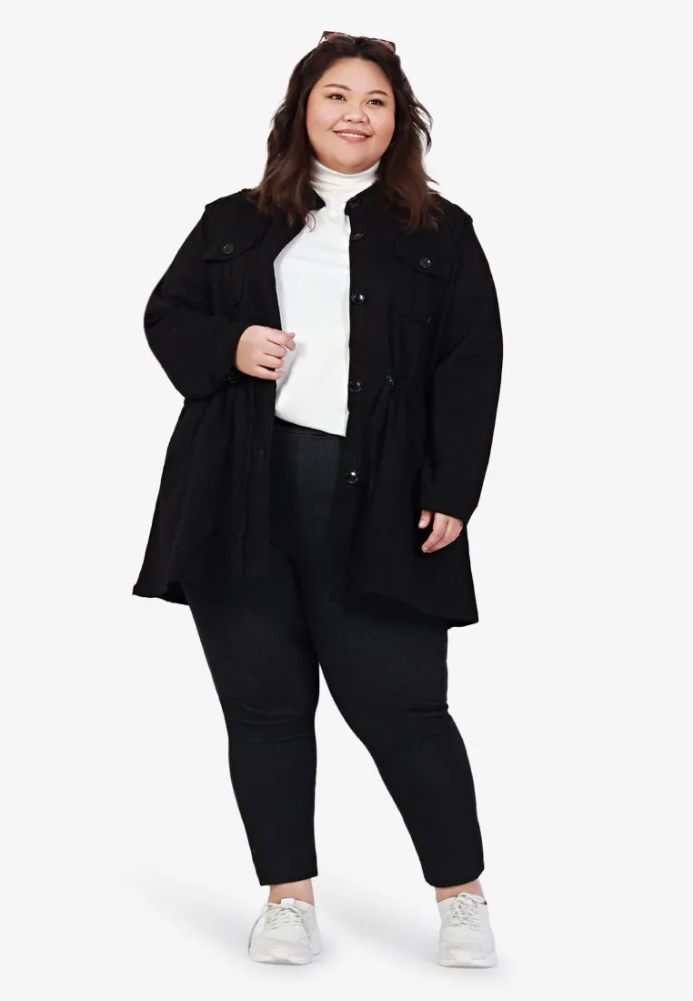 Parca Long Cinched Button Stretch Jacket - Black