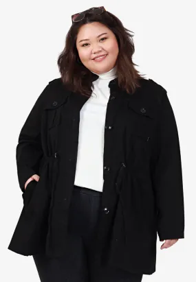 Parca Long Cinched Button Stretch Jacket - Black