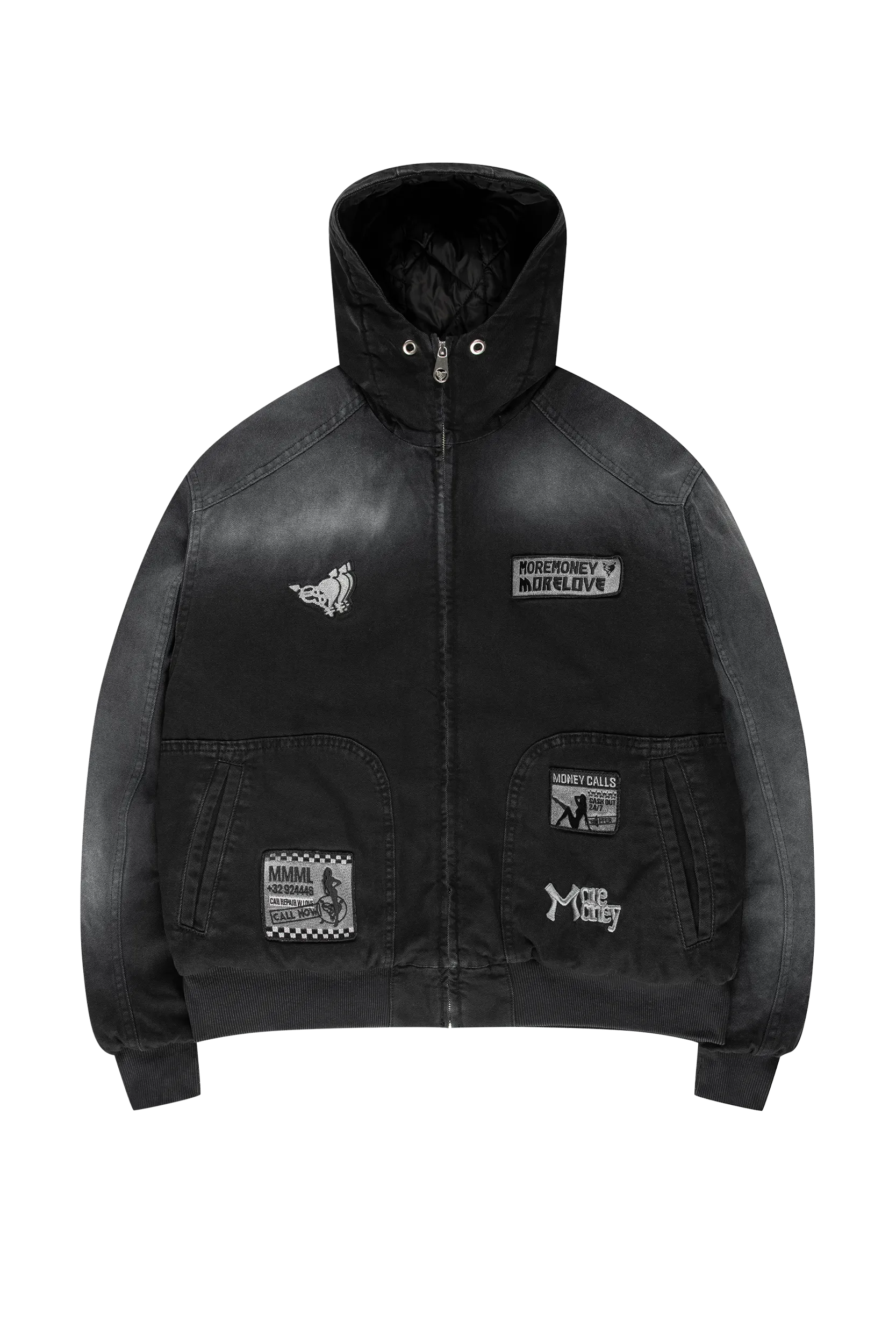 PATCHED UP HOODED BOMBER WASHED BLACK