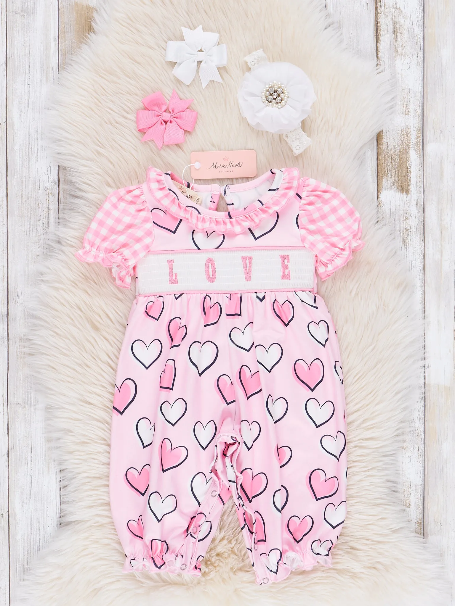 Pink Smocked Love Hearts Ruffle Romper