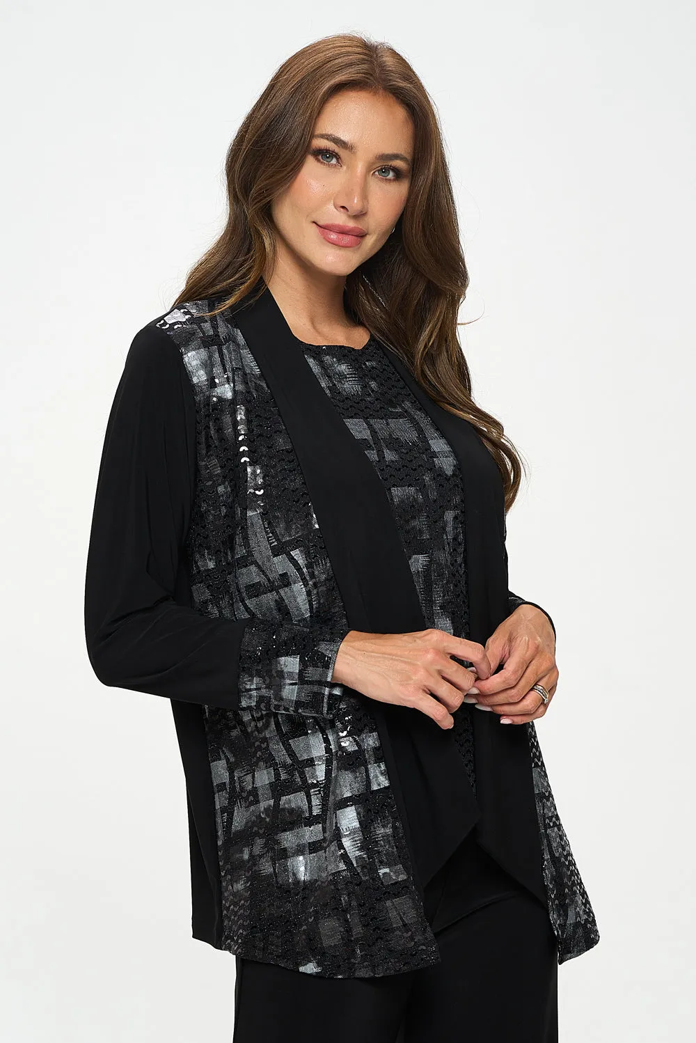 Plus Size Nylon Foil Sequin Contrast Jacket -4091NF-LXD1-C-F030