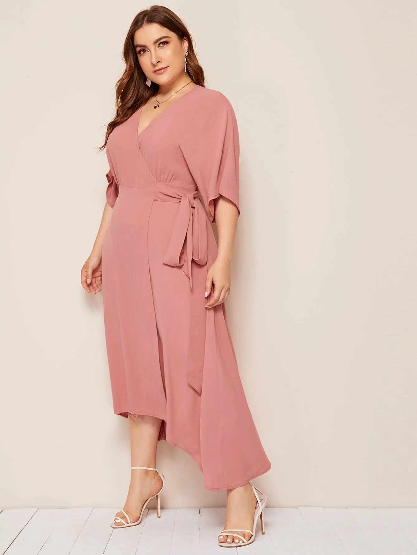 Plus Solid Surplice Neck Wrap Belted Dress