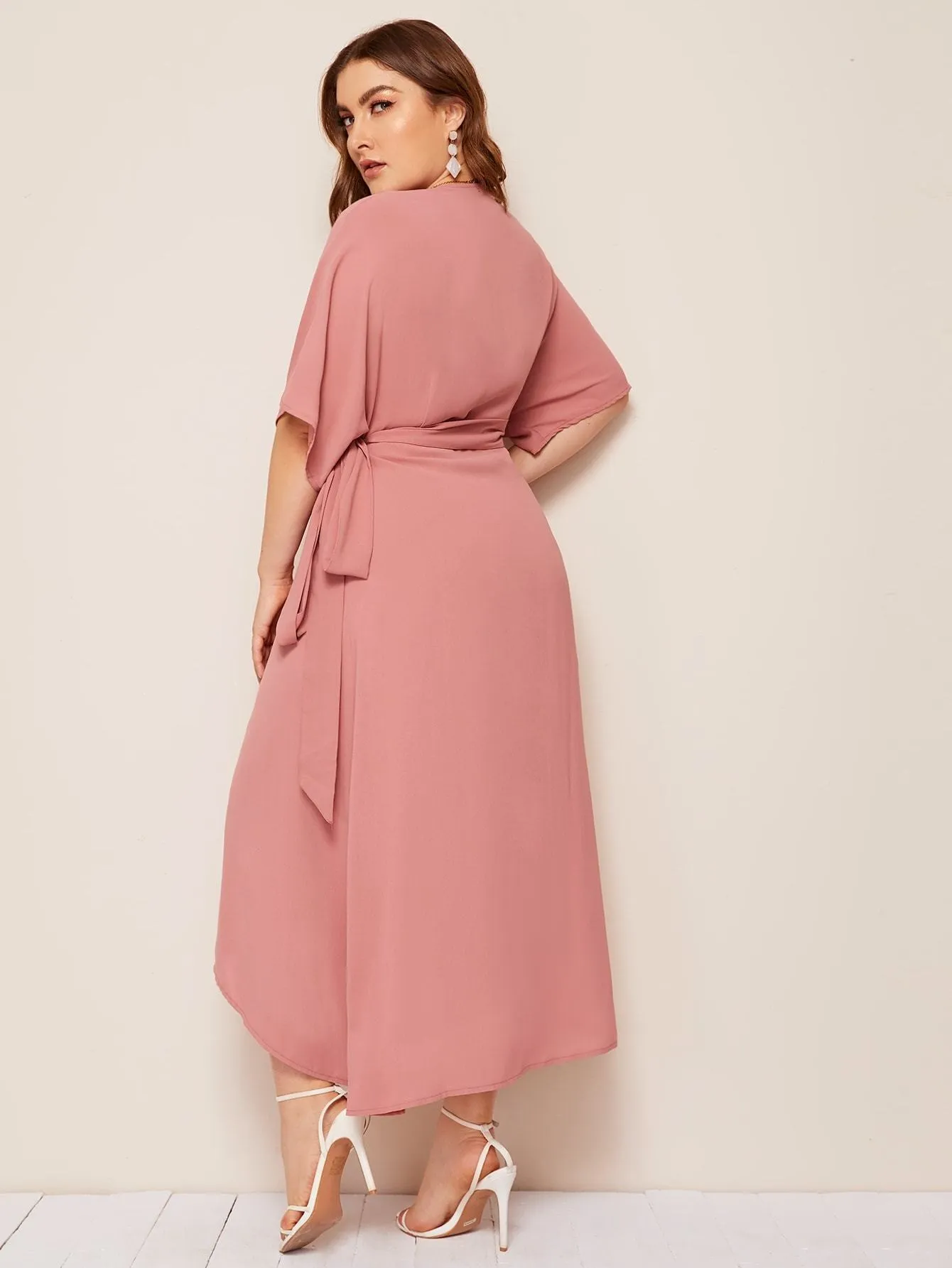 Plus Solid Surplice Neck Wrap Belted Dress