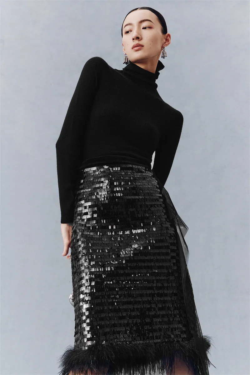 PURITY Cocktail and versatile feather black sparkle sequin skirt- Heckah