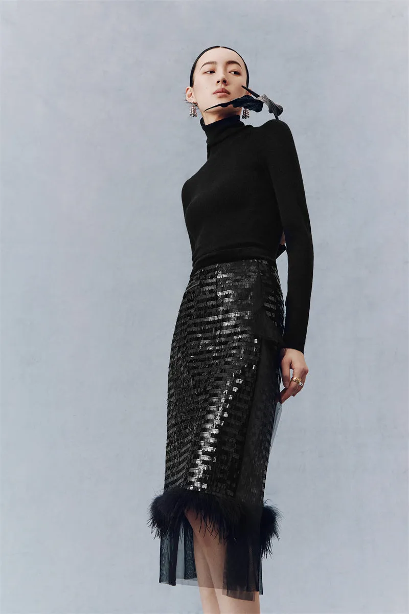 PURITY Cocktail and versatile feather black sparkle sequin skirt- Heckah