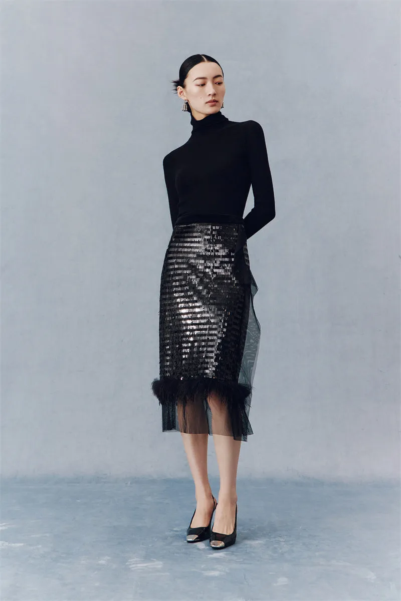 PURITY Cocktail and versatile feather black sparkle sequin skirt- Heckah