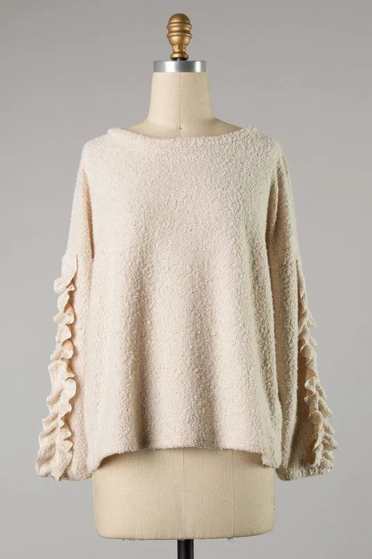 Ruffle sleeve knit top in oatmeal S-L