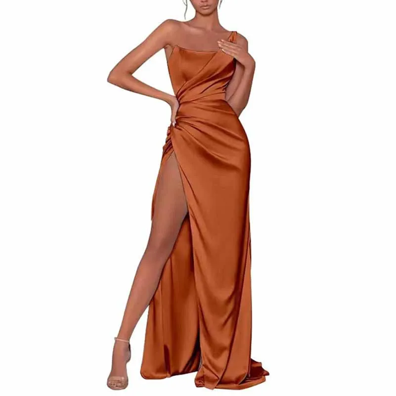 Satin Bridesmaid Dresses One Shoulder Ruched Formal Evening Gown