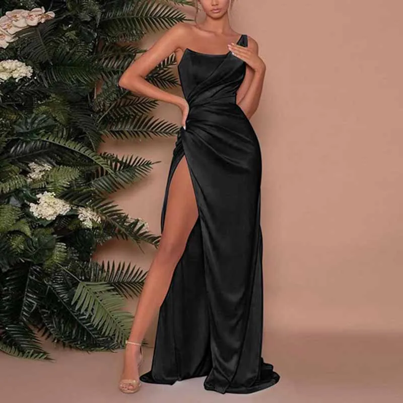 Satin Bridesmaid Dresses One Shoulder Ruched Formal Evening Gown