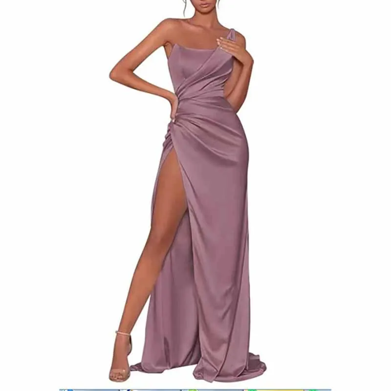 Satin Bridesmaid Dresses One Shoulder Ruched Formal Evening Gown