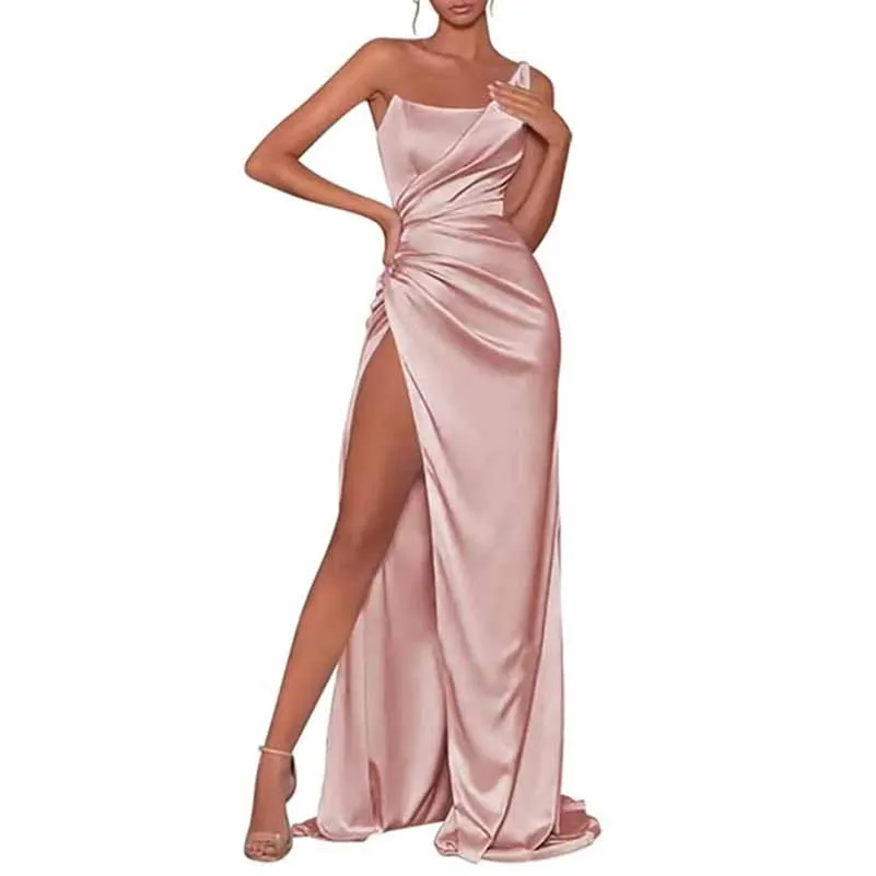 Satin Bridesmaid Dresses One Shoulder Ruched Formal Evening Gown