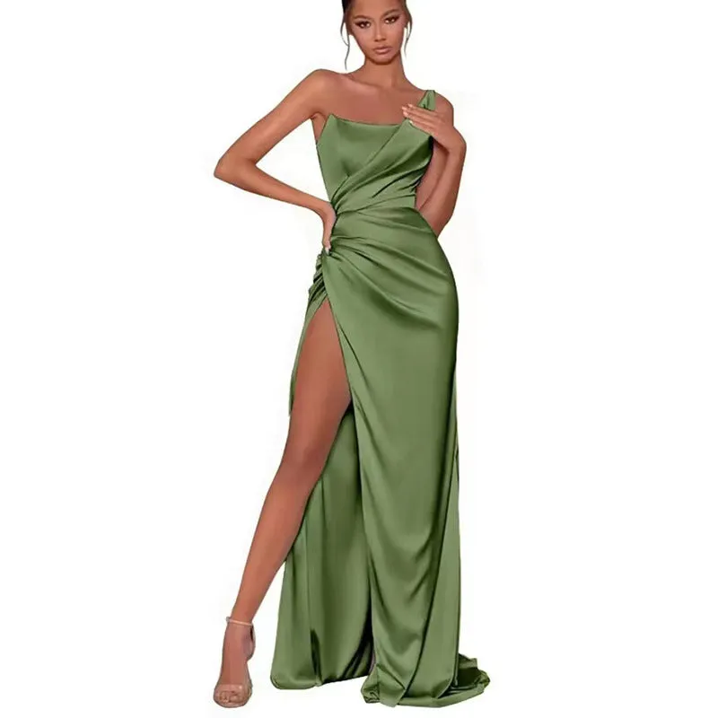 Satin Bridesmaid Dresses One Shoulder Ruched Formal Evening Gown