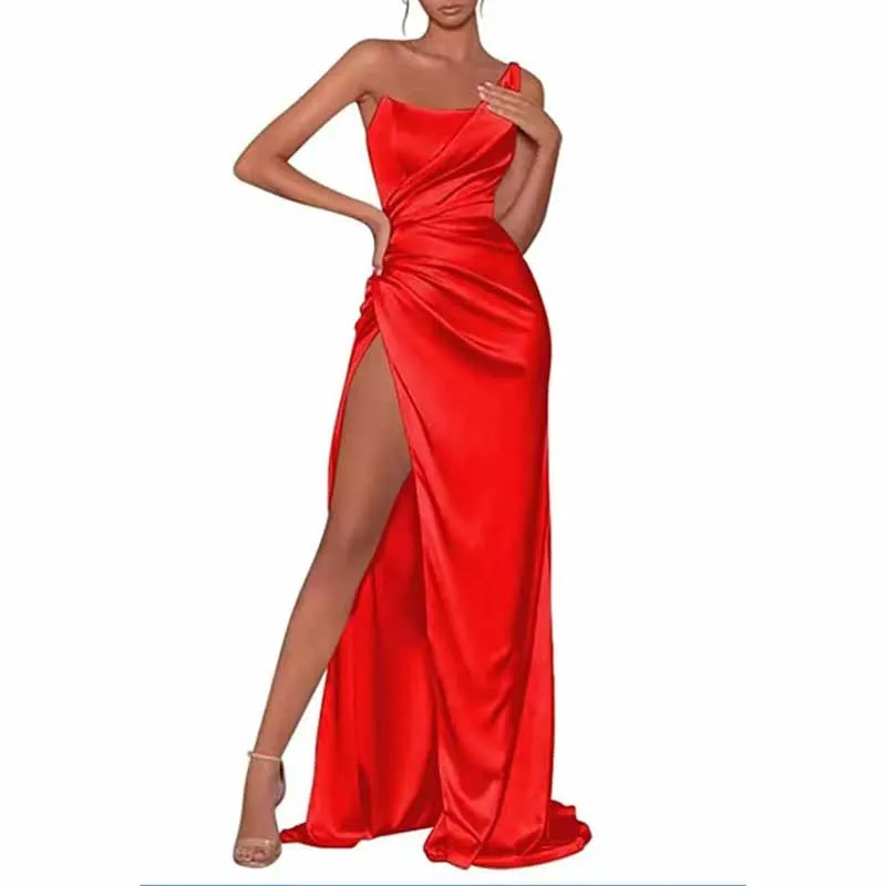 Satin Bridesmaid Dresses One Shoulder Ruched Formal Evening Gown