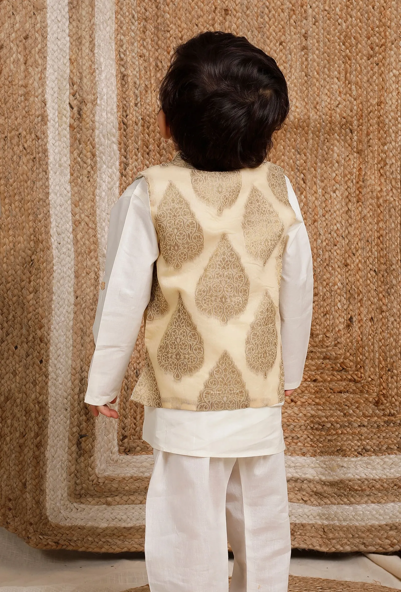 Set Of 3: Off White Cotton Silk Kurta, Pyjama & Golden Brocade Nehru Jacket