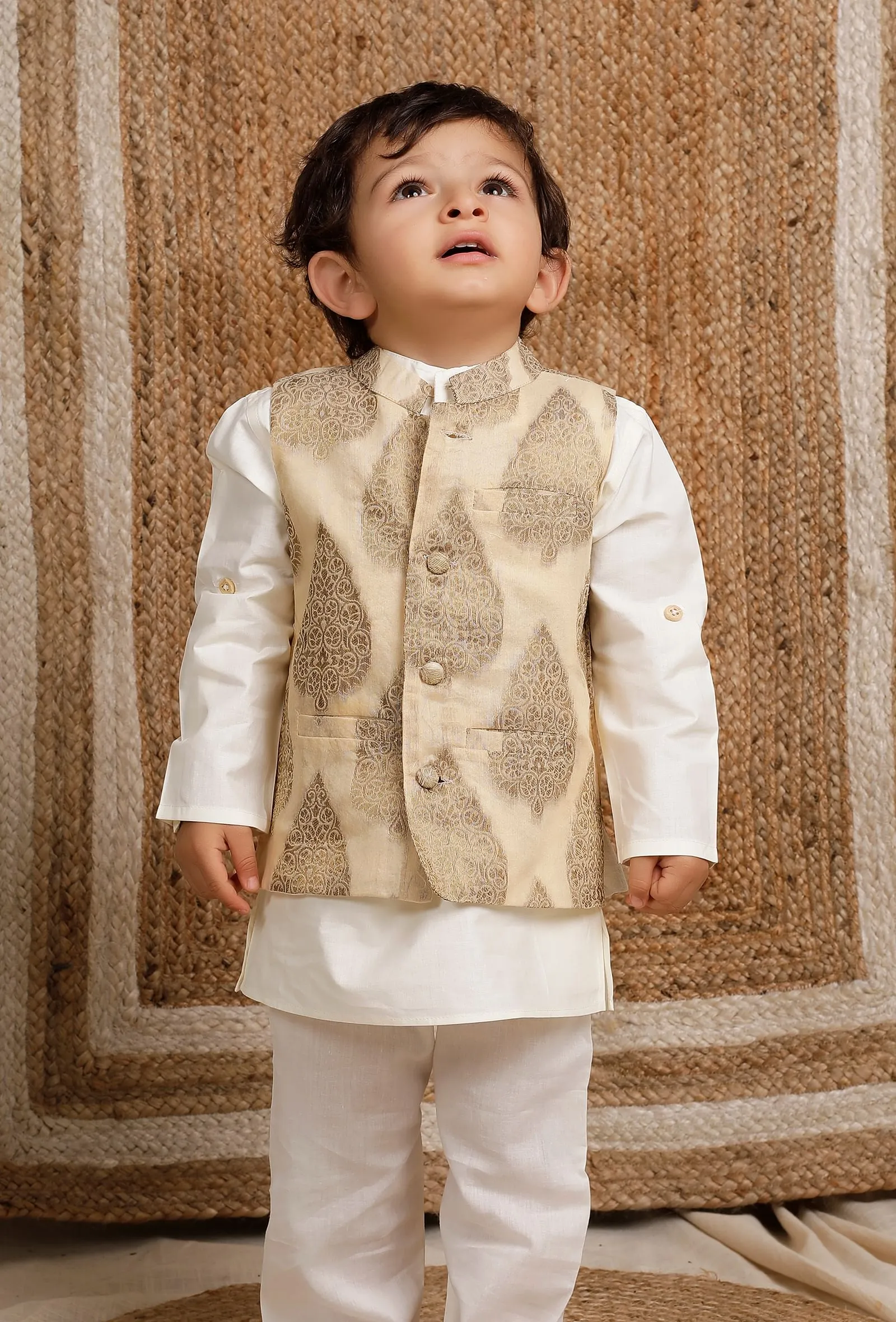 Set Of 3: Off White Cotton Silk Kurta, Pyjama & Golden Brocade Nehru Jacket