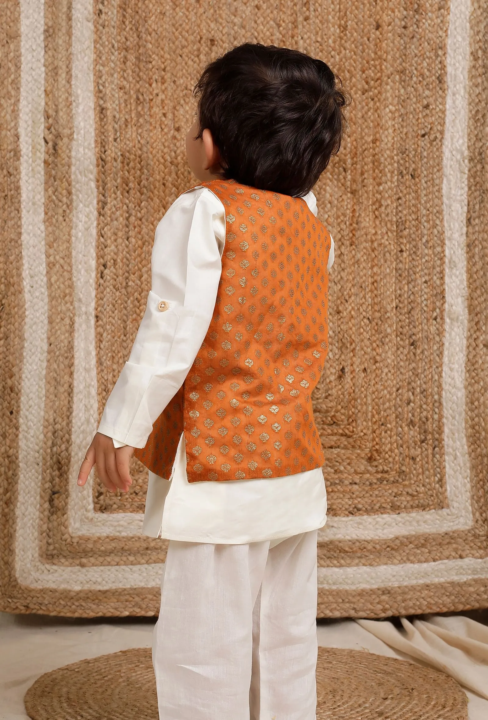 Set Of 3: Off White Cotton Silk Kurta, Pyjama & Orange Brocade Nehru Jacket