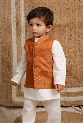 Set Of 3: Off White Cotton Silk Kurta, Pyjama & Orange Brocade Nehru Jacket