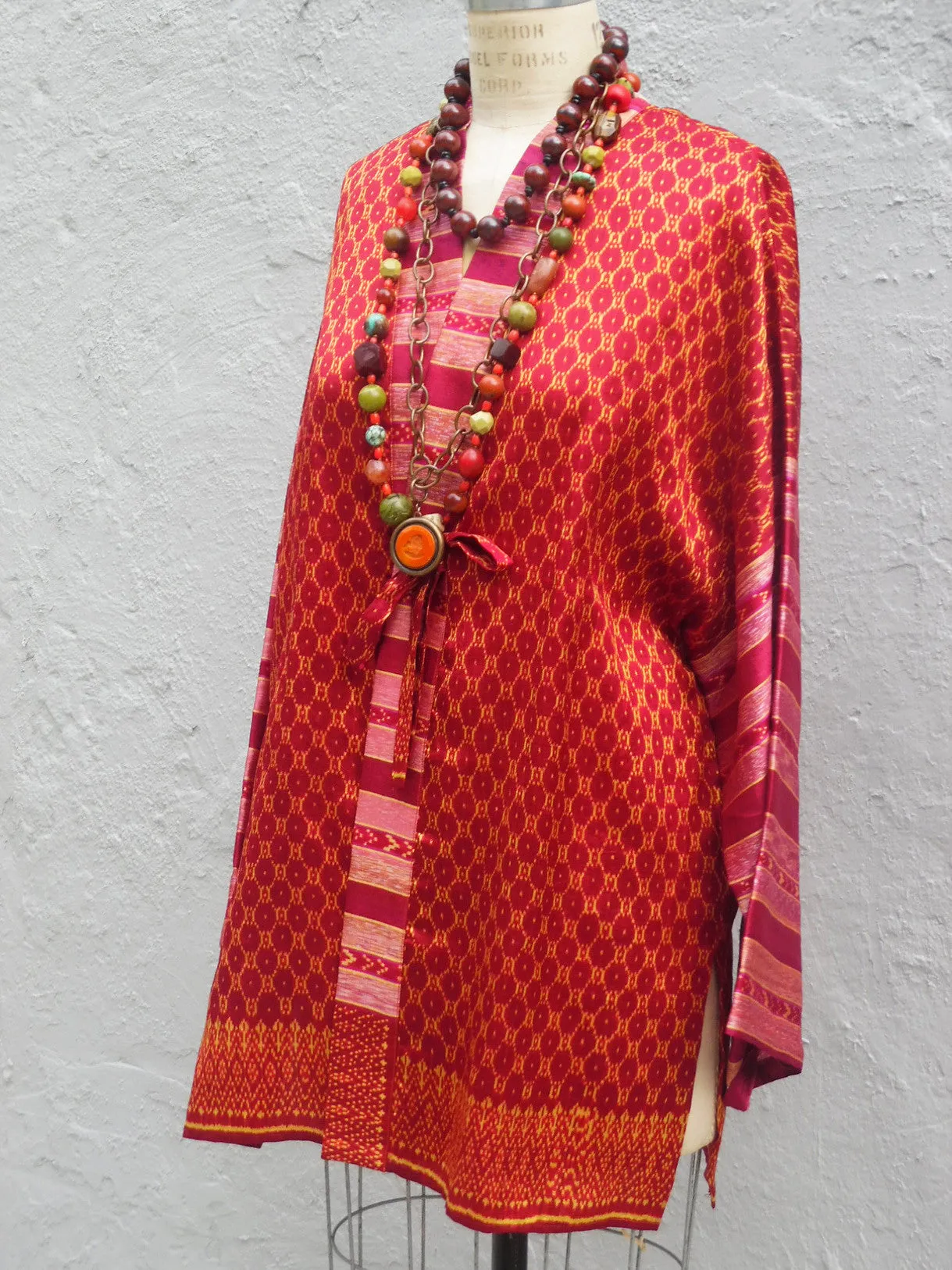 Silk Ikat Organza Kimono Caftan Red