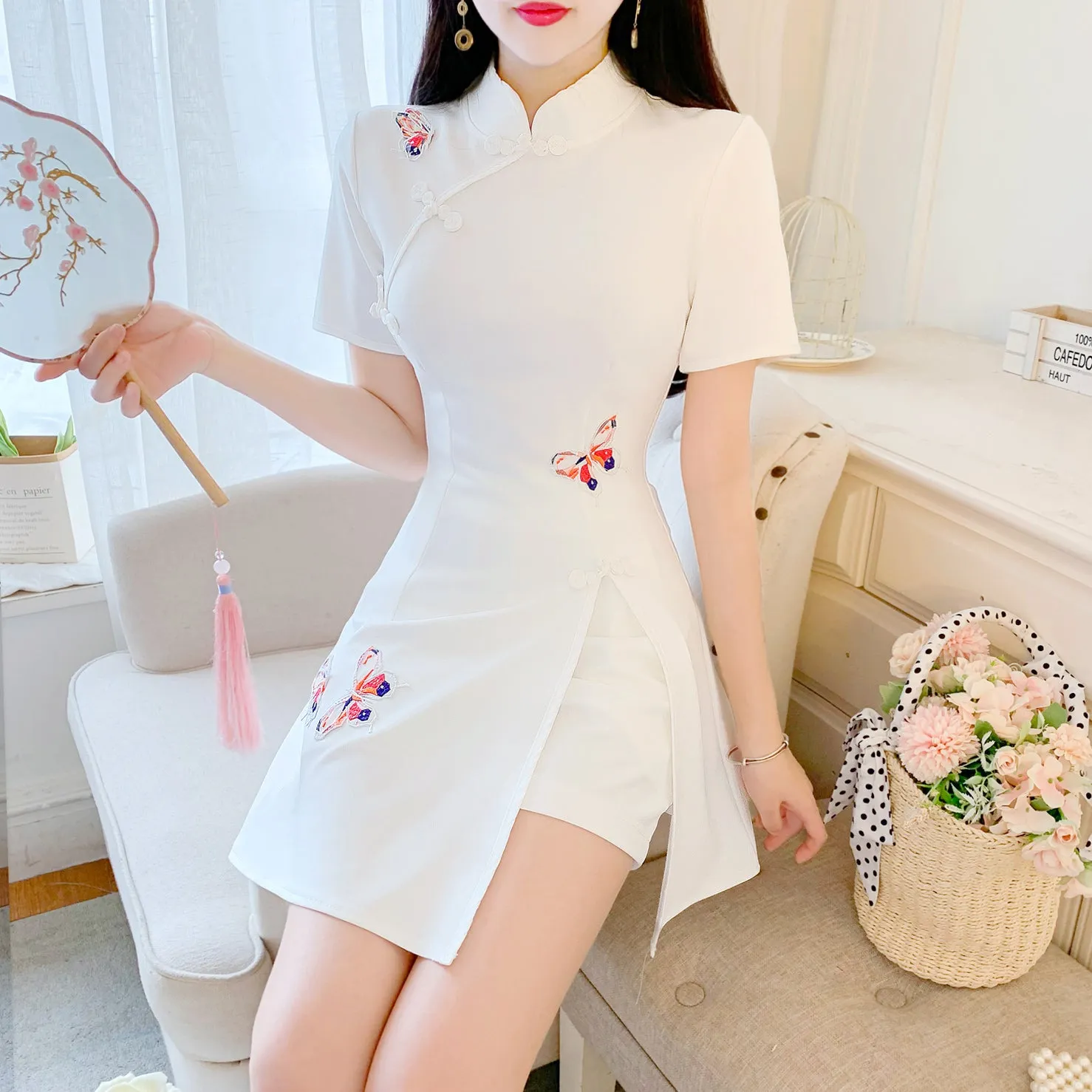 Solid color cheongsam   shorts two-piece set   KF24031