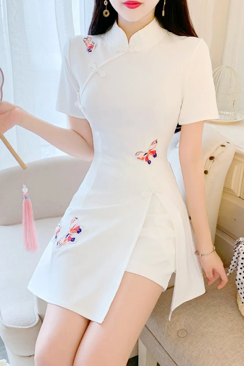 Solid color cheongsam   shorts two-piece set   KF24031