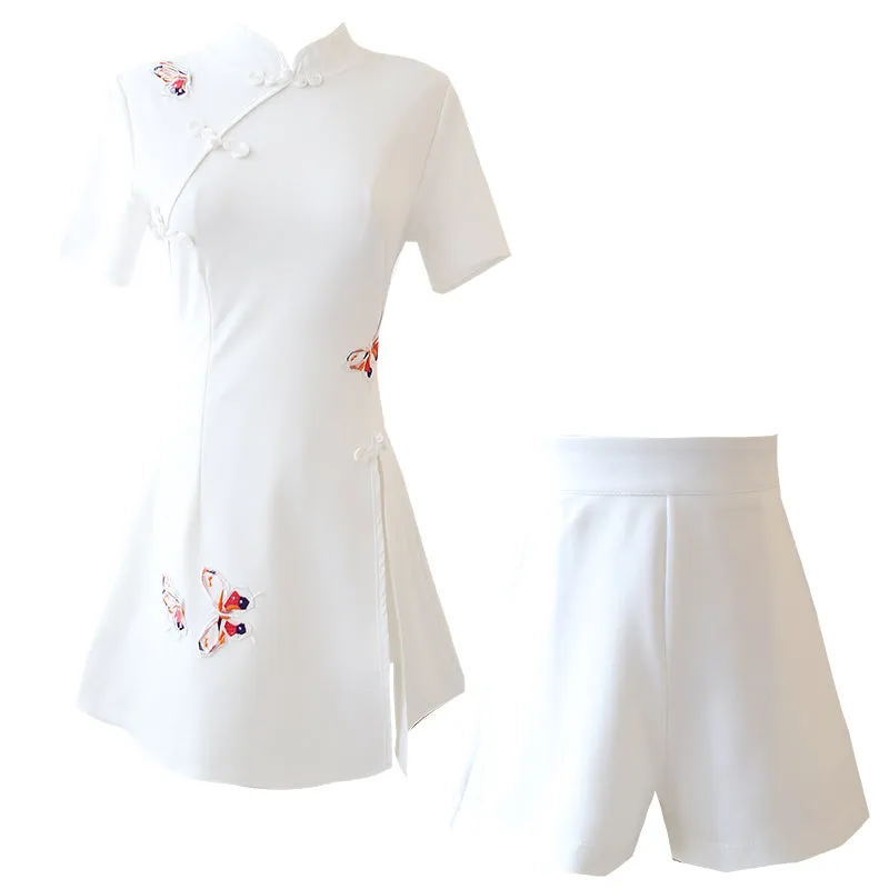 Solid color cheongsam   shorts two-piece set   KF24031