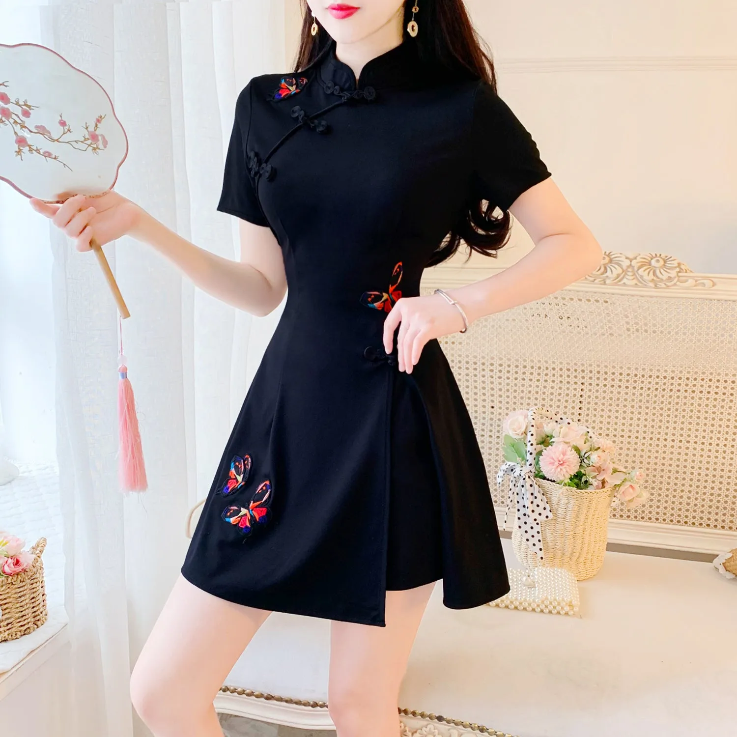 Solid color cheongsam   shorts two-piece set   KF24031