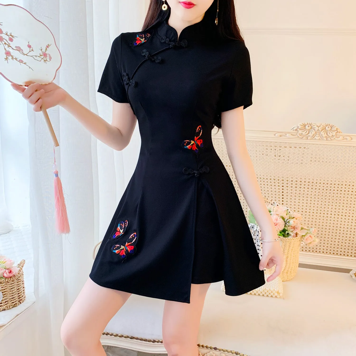 Solid color cheongsam   shorts two-piece set   KF24031