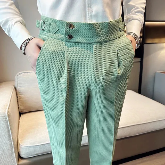 Solid Waffle High Waist Casual Slim Trousers