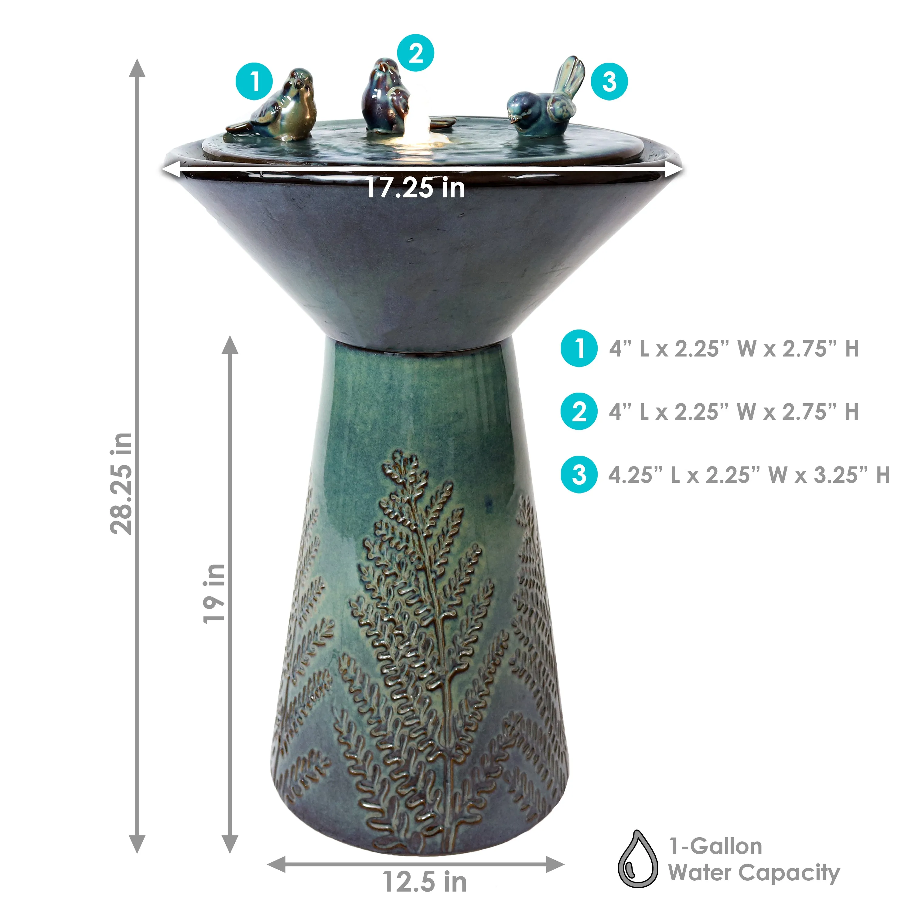 Sunnydaze Gathering Birds Ceramic Outdoor Fountain with LED Lights - 28.25"