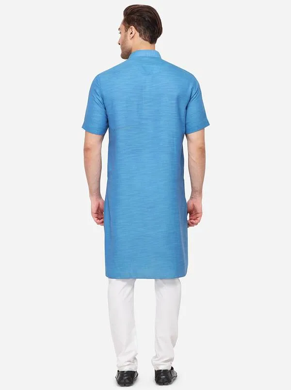 Teal Blue Self Textured Regular Fit Modi Kurta | JadeBlue