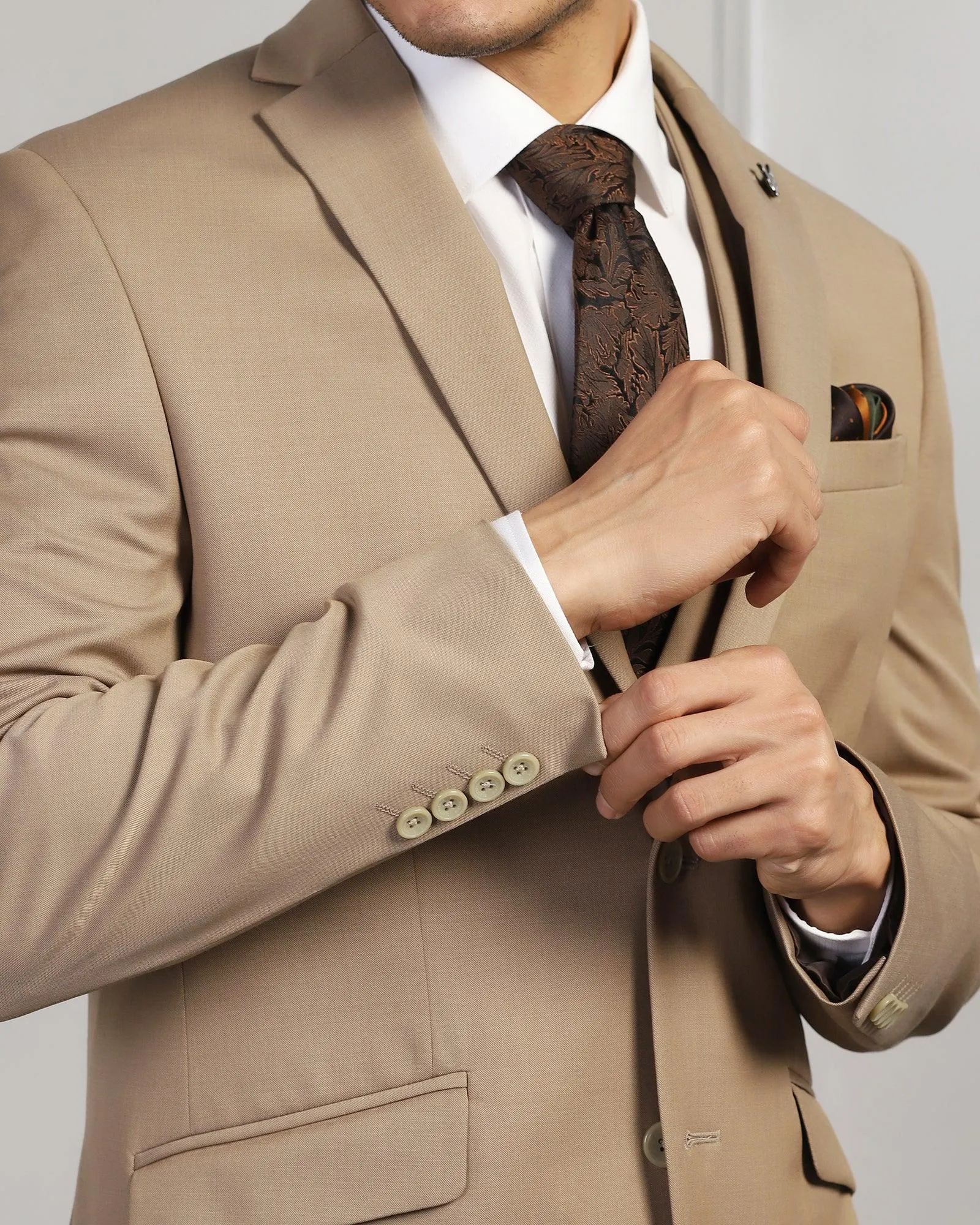 Three Piece Beige Solid Formal Suit - Beryl