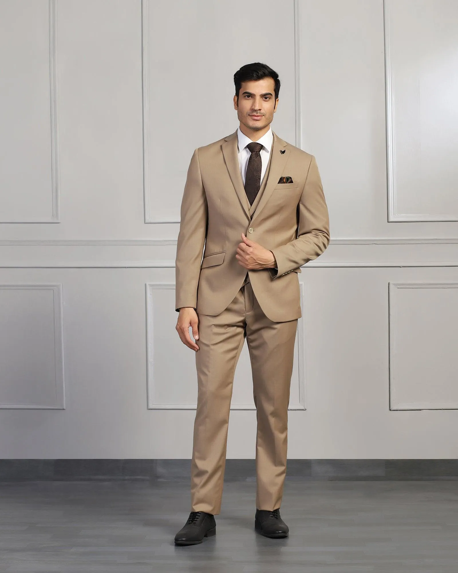 Three Piece Beige Solid Formal Suit - Beryl