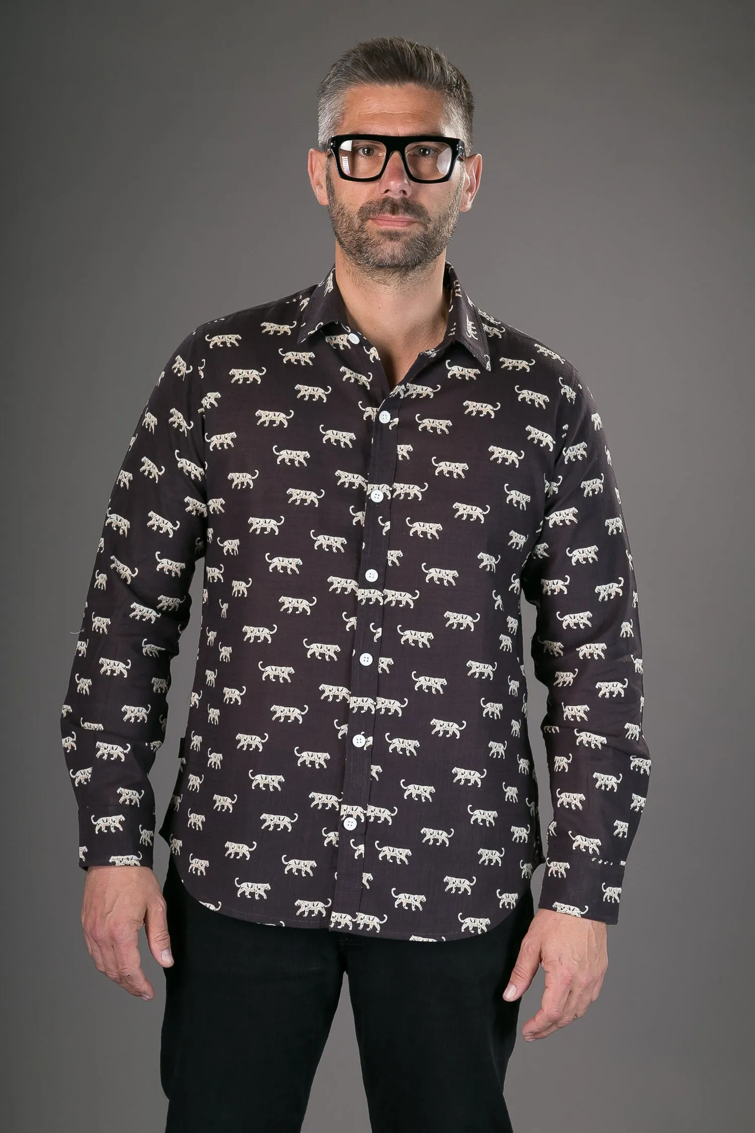 Tigers Black Print Cotton Slim Fit Mens Shirt Long Sleeve