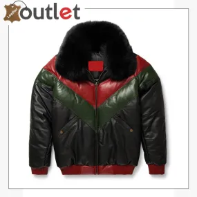 Two Tone Red and Green Latest Design Mens V Bomber Leather Jacket