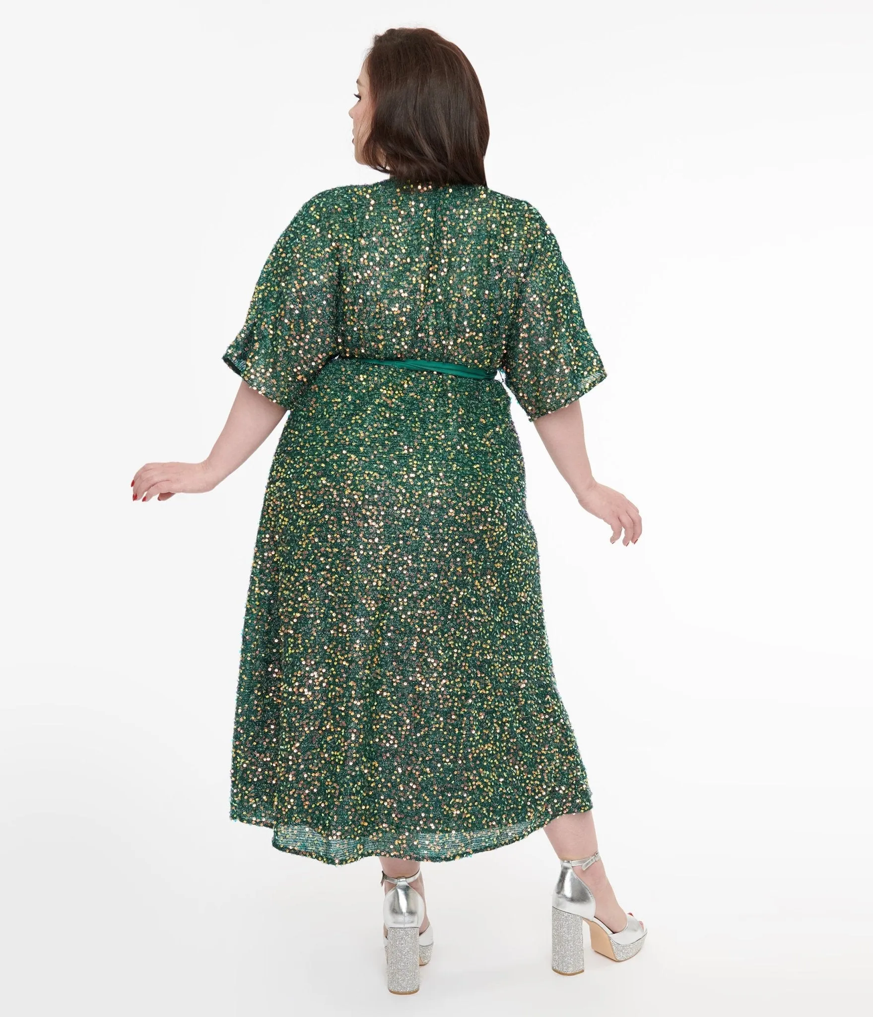 Unique Vintage Plus Size 1960s Green Sequin Wrap Midi Dress