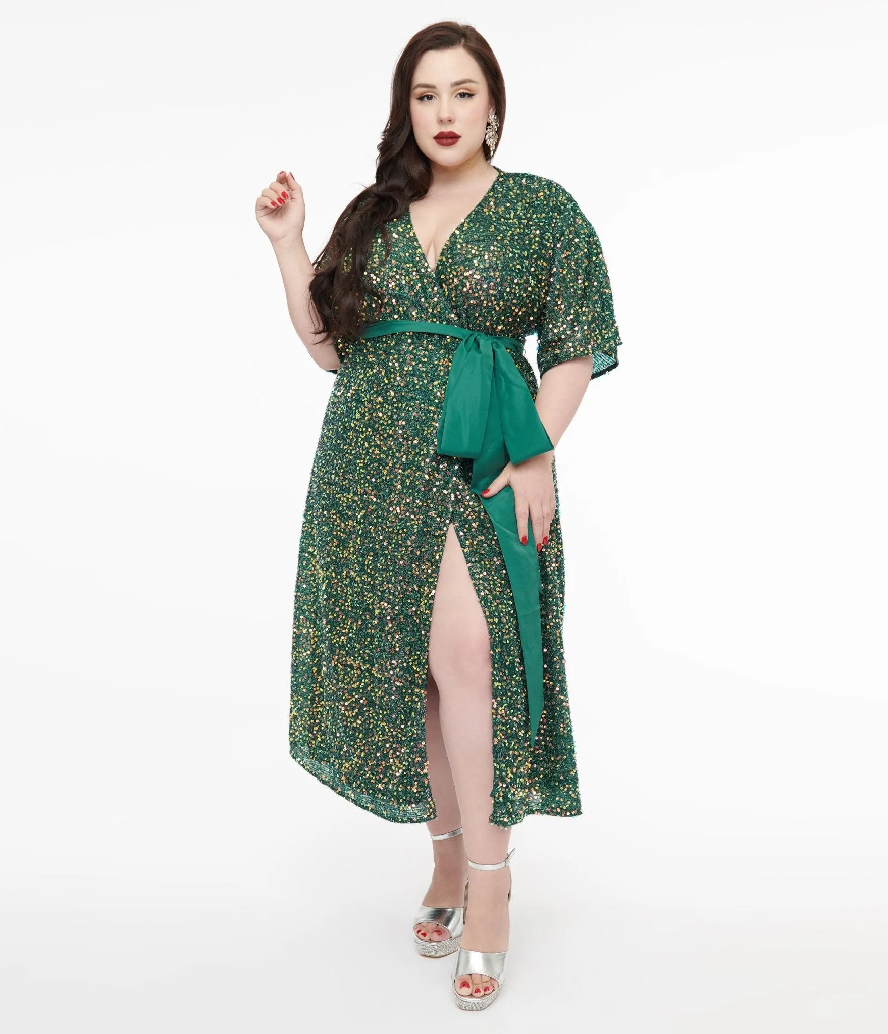 Unique Vintage Plus Size 1960s Green Sequin Wrap Midi Dress