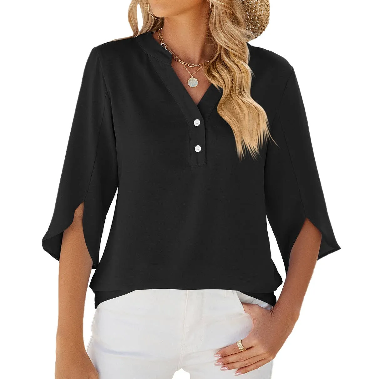 V-neck 3/4 Bell Sleeve Chiffon Top